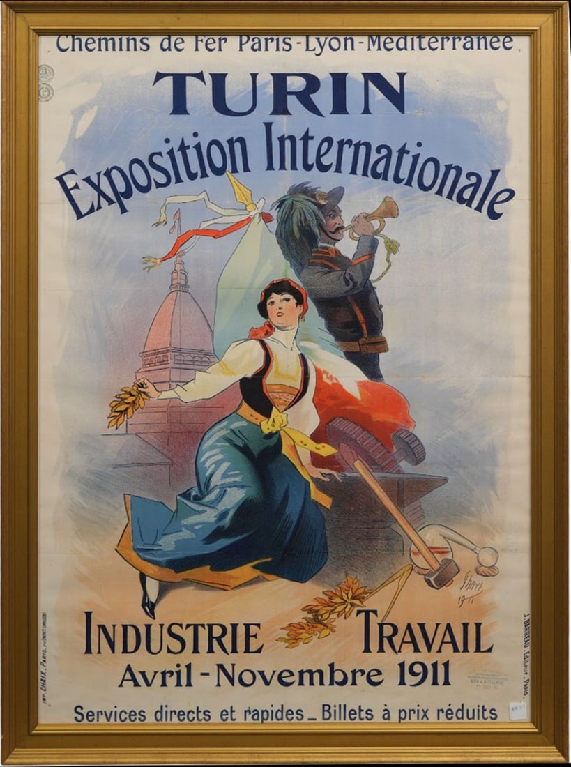 Turin Exposition Internationale, Italy 1911. Color lithographic poster on paper, Framed 45 x 33-3/4: Turin Exposition Internationale, Italy 1911. Color lithographic poster on paper, Framed 45 x 33-3/4 inches. A dynamic international exhibition poster promoting the 1911 Turin Exposition, issued by the