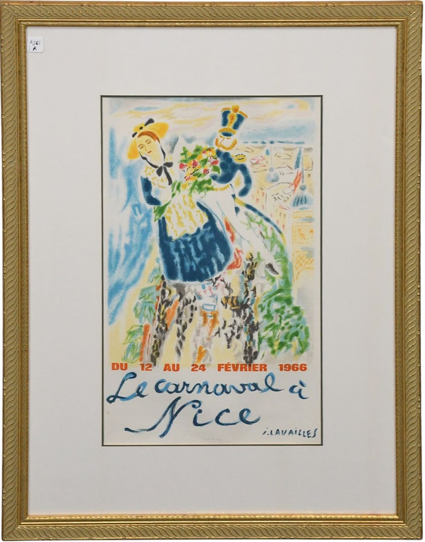 Marc Chagall (1887–1985) Le Carnaval à Nice. France 1966. Color lithographic poster on paper,: Marc Chagall (1887–1985) Le Carnaval à Nice. France 1966. Color lithographic poster on paper, Sight size:24 x 13-1/2 inches. overall Framed 37 x 27 inches. A lyrical poster designed by Marc Chagall