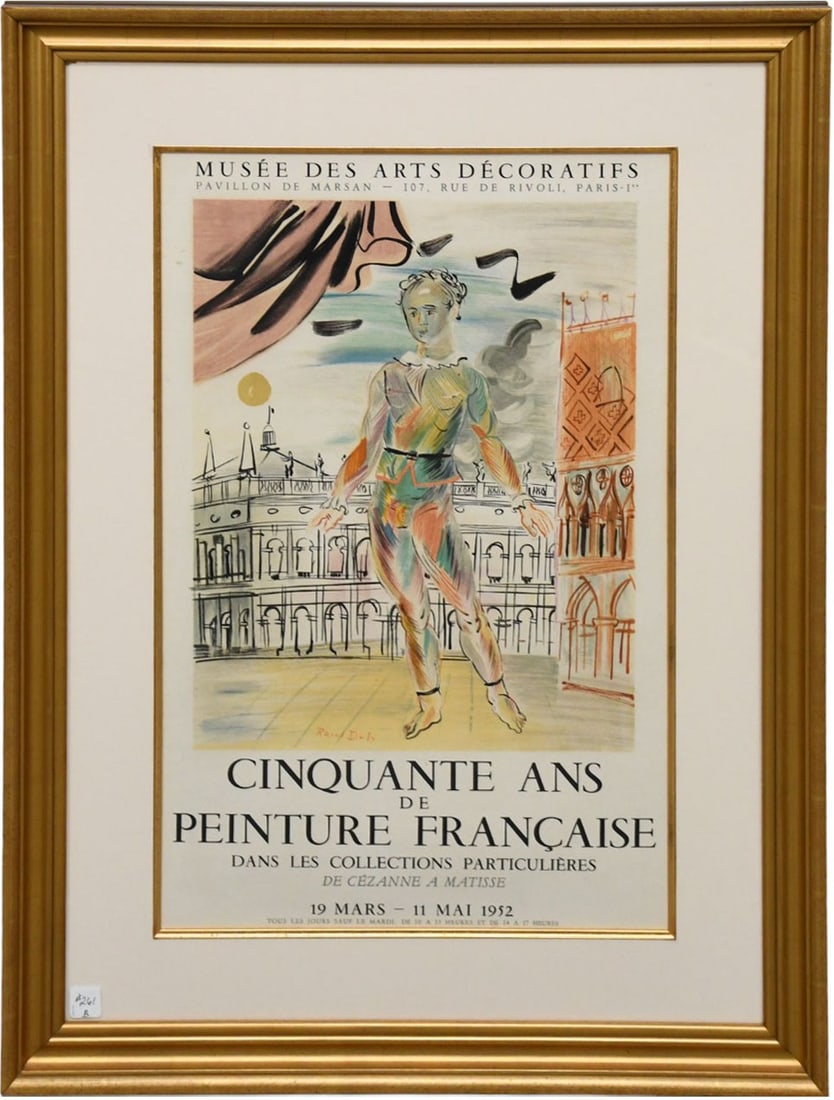 Raoul Dufy (French, 1877–1953) Cinquante Ans de Peinture Française, France 1952. Color: Raoul Dufy (French, 1877–1953) Cinquante Ans de Peinture Française, France 1952. Color lithographic poster on paper. sight size 26-1/2 x 16-1/2 inches. Overall Framed size 37 x 27 inches. An elegan