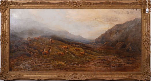 Large illegibly signed English 19th Century Mountain lake landscape with deer watering, canvas 24x50