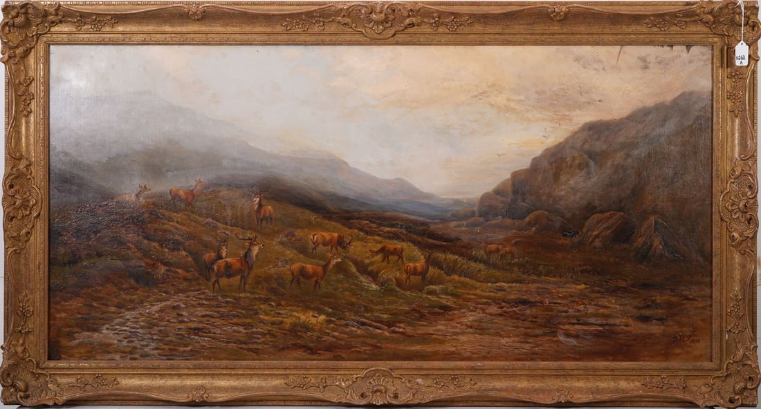Large illegibly signed English 19th Century Mountain lake landscape with deer watering, canvas 24x50: Large illegibly signed English 19th Century Mountain lake landscape with deer watering, canvas 24x50 inches. overall with frame 30 x 56 inches.