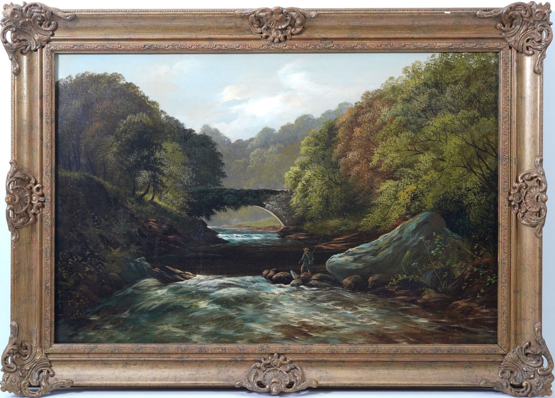 T. Dawson 19th Century English school, Landscape fishing the River, - 20x30 overall framed sizes is: T. Dawson 19th Century English school, Landscape fishing the River, - 20x30 overall framed sizes is 25-1/2 x 36 inches.