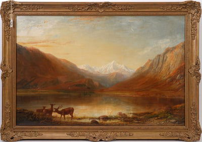 George F Buchanan (British 1800-1864) Large framed oil on canvas,  Highland Landscape of Deer