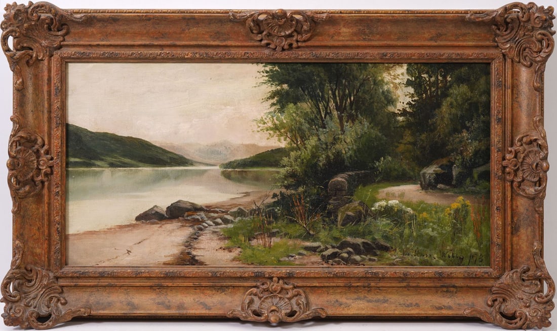William Willis English 19th Century Mountain lake landscape. canvas 12 x 24 inches. overall framed: William Willis English 19th Century Mountain lake landscape. canvas 12 x 24 inches. overall framed size 17 x 29 inches.