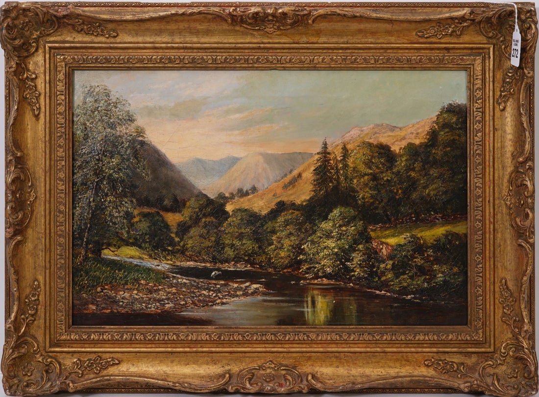 English 19th Century Mountain lake landscape, oil on canvas, old patches and repairs, 12 x 18: English 19th Century Mountain lake landscape, oil on canvas, old patches and repairs, 12 x 18 inches. overall framed size 19-1/2 x 23-1/2 inches.