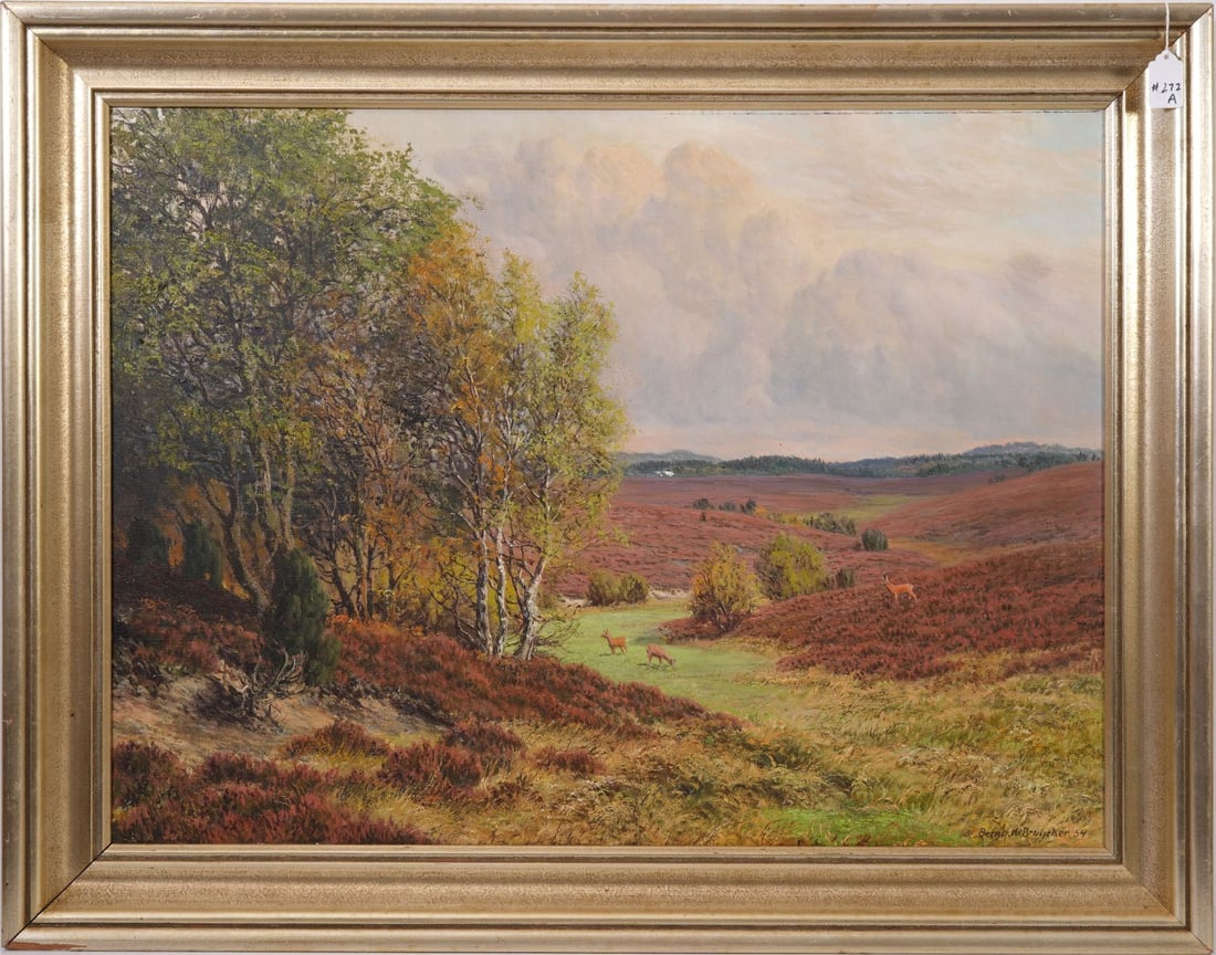 Bernhard Bruycker (German 1891-1971) Oil on Canvas Landscape Signed Lower Right, Deer grazing,: Bernhard Bruycker (German 1891-1971) Oil on Canvas Landscape Signed Lower Right, Deer grazing, signed and dated 1934. canvas size 24 x 32 inches. Overall frame size 29 x 37 inches