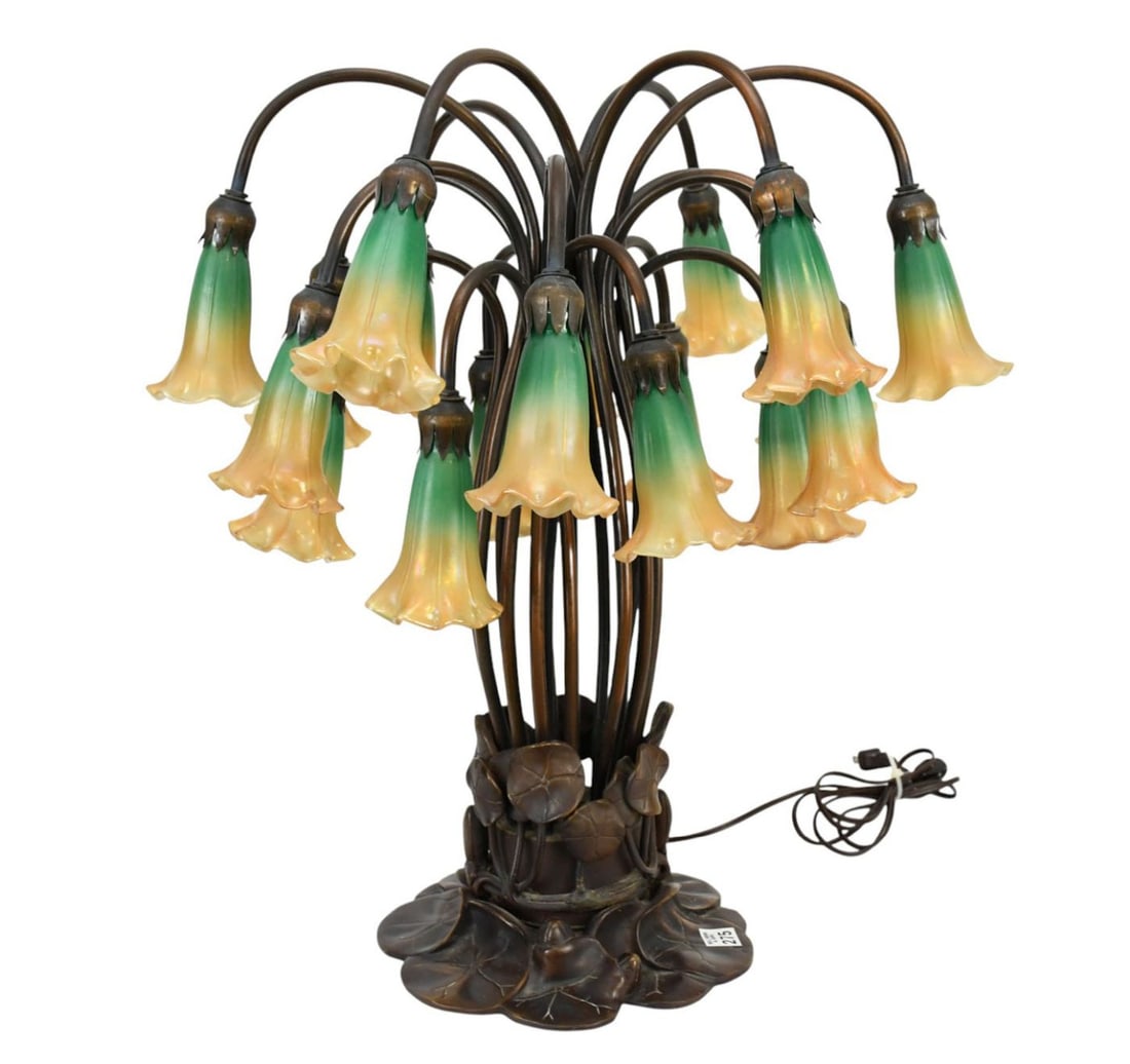 Bronze Table Lamp with Tiffany Style Lily Pad Base, 18 Art Glass Hanging Floral Shades, Green &: Bronze Table Lamp with Tiffany Style Lily Pad Base, 18 Art Glass Hanging Floral Shades, Green & Gold, 23"h x 20"w