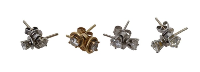 4 pairs Stud Diamond Earrings 14K & 18K . 2 pairs 18K and 2 pairs 14K diamonds range.10 - .25 SI-1