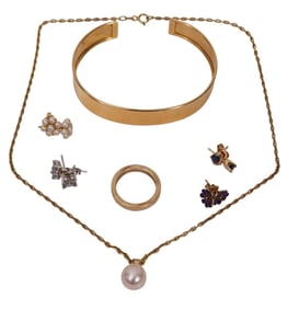 10K - 14K Yellow & White Gold Jewelry Lot. 14K Cuff bracelet 7" inner circumference, 4 pairs of