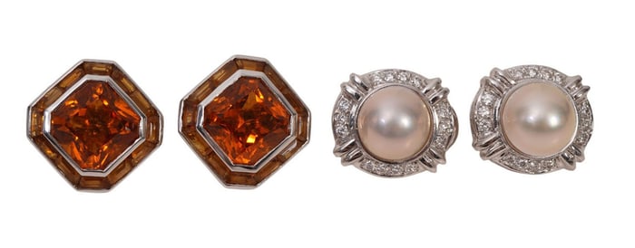 14K & 18K White Gold Earrings.  14K button pearl earrings with diamond accents .75" wt. 14.4 grams