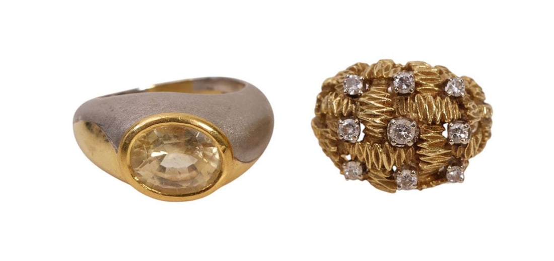 18K Yellow Gold Rings. 1 yellow gold and Platinum Citrine ring size 9.5 and Dome diamond ring size (1 of 9)