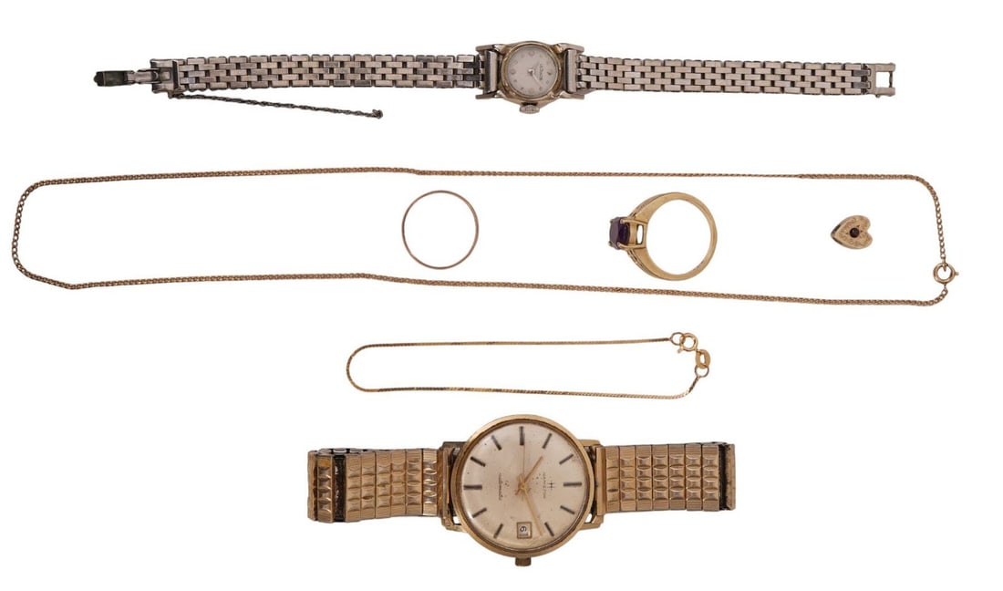 14K Yellow & White Gold Jewelry Lot. Wt. 10.3 grams not including watches. Necklace 18", bracelet: 14K Yellow & White Gold Jewelry Lot. Wt. 10.3 grams not including watches. Necklace 18", bracelet 7", Rings size 6.5 -7. Hamilton men's watch 14k gold case needs service. Le Coultre ladies watch 14k w