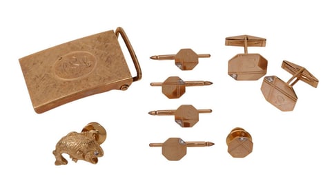 14K Yellow Gold Lot. Belt Buckle engraved. Bass with diamond eye tie tac. 3 pairs of cufflinks with