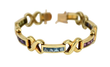 14K Yellow Gold Semi-Gemstone Bracelet. Peridot, Blue Topaz, Citrine, Amethyst, Pink Topaz. Length