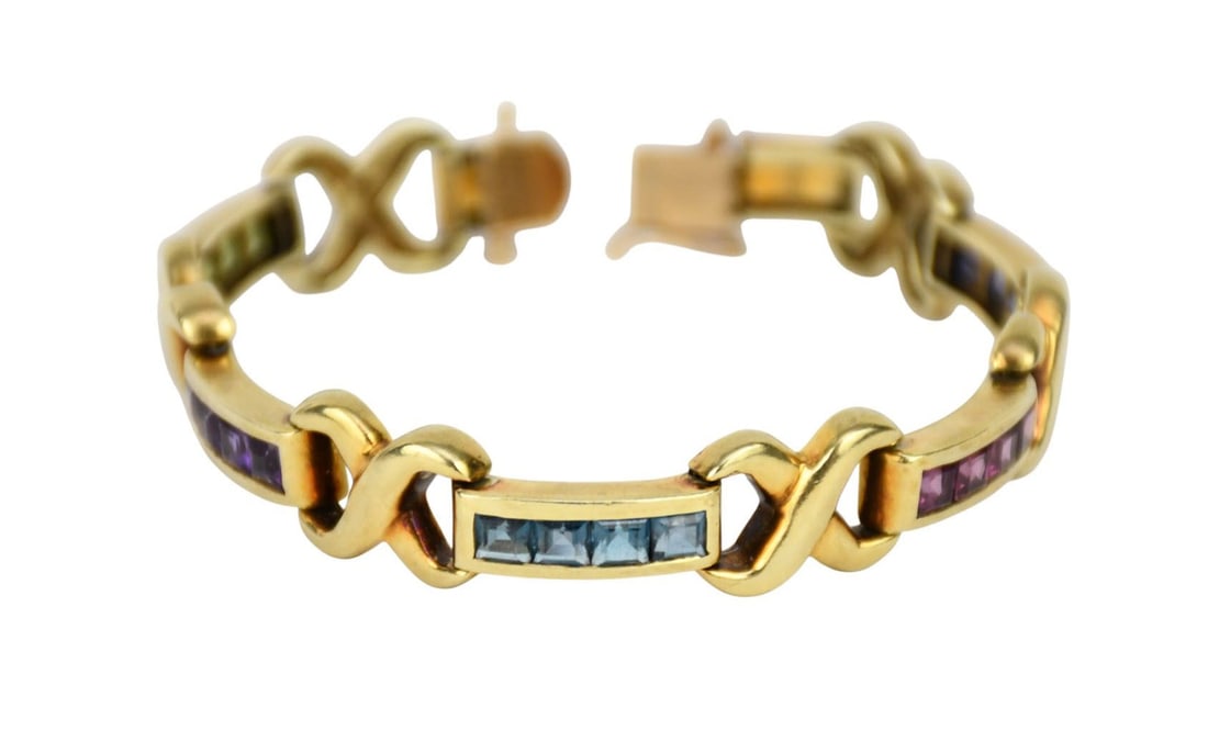 14K Yellow Gold Semi-Gemstone Bracelet. Peridot, Blue Topaz, Citrine, Amethyst, Pink Topaz. Length: 14K Yellow Gold Semi-Gemstone Bracelet. Peridot, Blue Topaz, Citrine, Amethyst, Pink Topaz. Length 7" wt. 34.9 grams "Payment must fully clear before item is released"