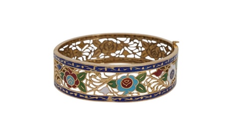 18K Yellow Gold Enamel Floral Bracelet. 7.5" inner circumference with 3" opening. Wt. 26.2 grams