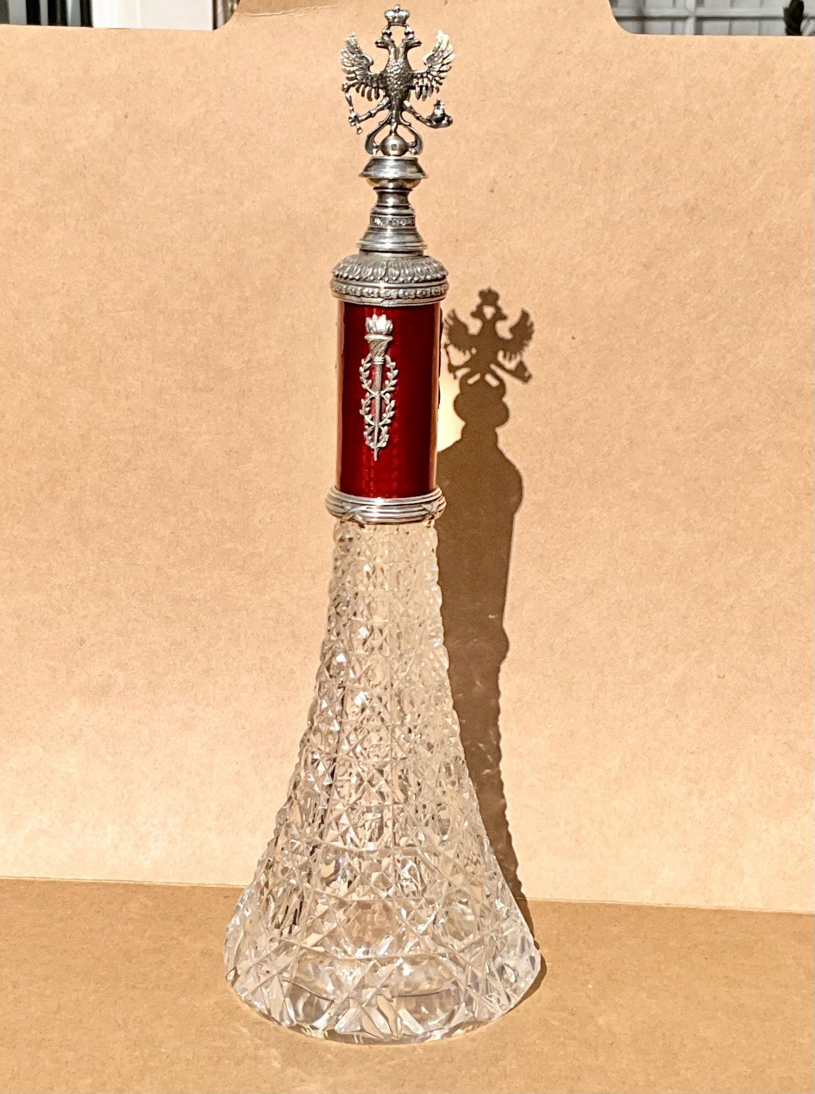 Russian Imperial Cut Crystal, Enameled Silver & Diamond Perfume: Russian Imperial Cut Crystal, Enameled Silver & Diamond Perfume Bottle Gorgeous Antique clear cut crystal perfume bottle with an engraved silver neck decorated with ruby red guilloche enamel and silve