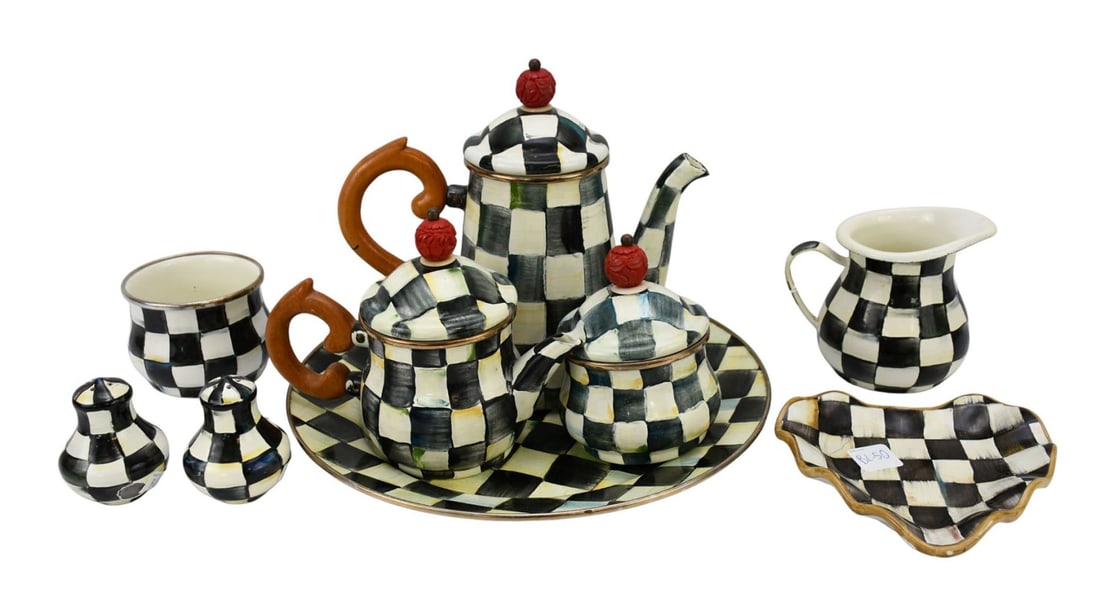 6 Pcs. Mackenzie Childs Enamelware & 3 Pcs. Ceramic, S & P & Plate (some chips) Teapot 8"h x 10"w, (1 of 4)