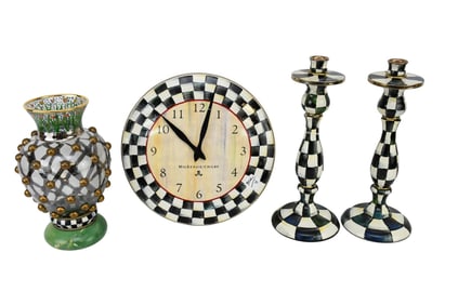 3 Pcs. Mackenzie Childs, Glass Vase, Ceramic Candlesticks AND Enamel Clock, 14"h Candlesticks &