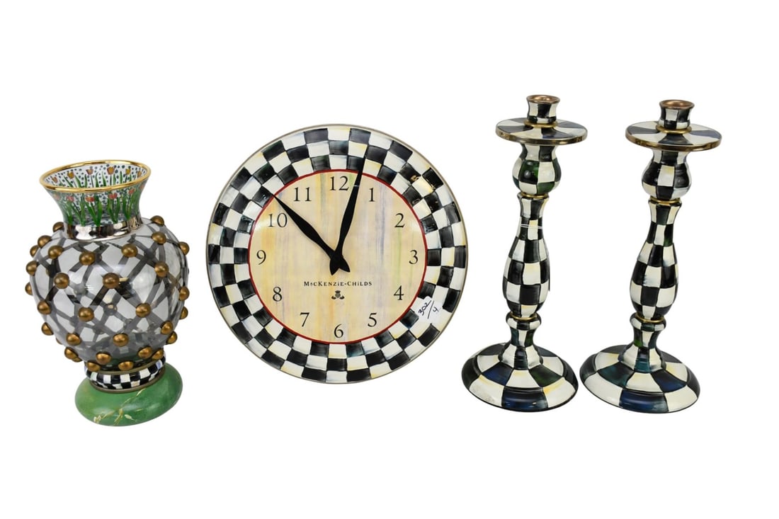 3 Pcs. Mackenzie Childs, Glass Vase, Ceramic Candlesticks AND Enamel Clock, 14"h Candlesticks &: 3 Pcs. Mackenzie Childs, Glass Vase, Ceramic Candlesticks AND Enamel Clock, 14"h Candlesticks & 12"dia Clock