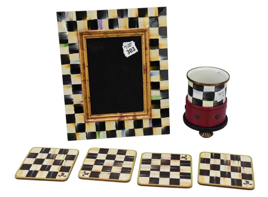Mackenzie Childs Picture Frame (8x10), 4 Coasters and Pen Holder: Mackenzie Childs Picture Frame (8x10), 4 Coasters and Pen Holder