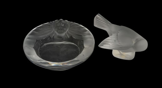 Lalique Crystal Lion Candy Dish (1 1/2"h x 5 3/4"dia) And Lalique Crystal Small Dove (3"h x 5"w)