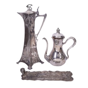 3 Antique Art Nouveau Silver Plate Tableware's, World's Fair Tray (11" x 4") & Tallest 14"h