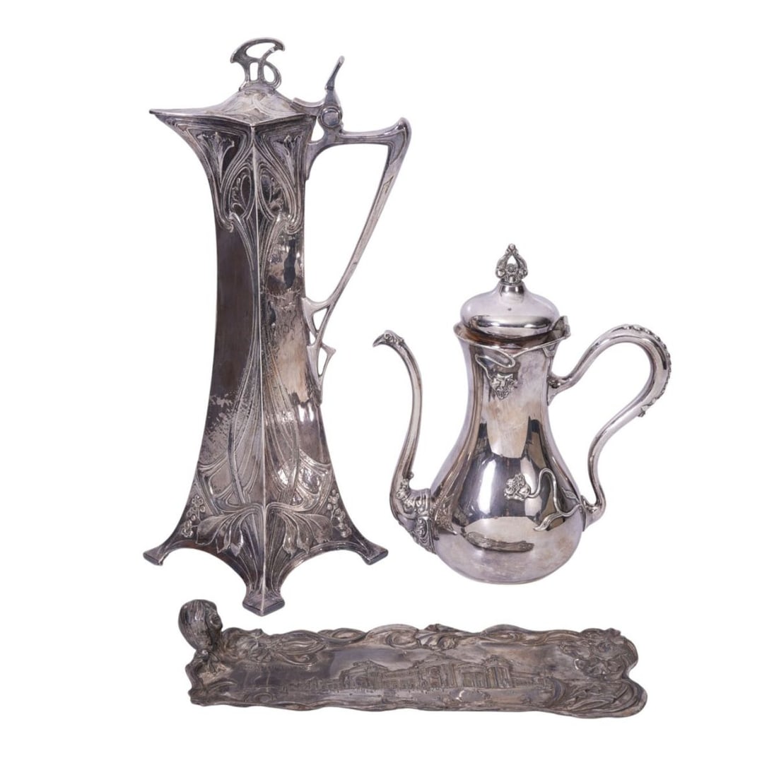 3 Antique Art Nouveau Silver Plate Tableware's, World's Fair Tray (11" x 4") & Tallest 14"h: 3 Antique Art Nouveau Silver Plate Tableware's, World's Fair Tray (11" x 4") & Tallest 14"h