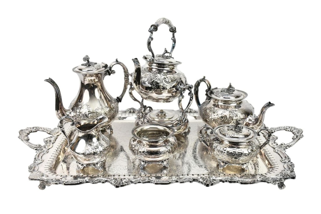 Sheffield Kentshire Silver Plate Tea Service, incl; Water Kettle On Stand, Teapot, Coffee Pot, (1 of 7)