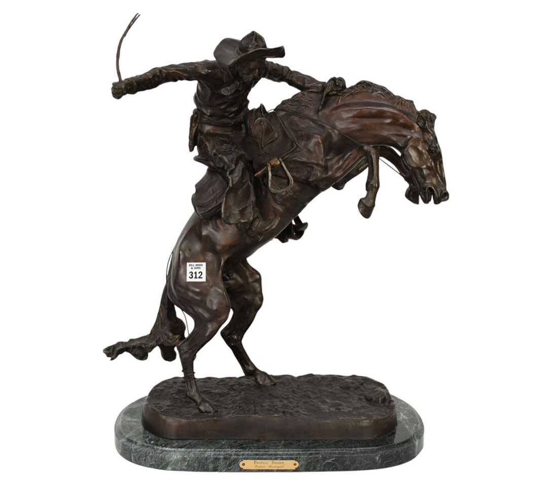 After Frederic Remington "Bronco Buster" Bronze - Large patinated bronze sculptured recast of a: After Frederic Remington "Bronco Buster" Bronze - Large patinated bronze sculptured recast of a cowboy on a bucking horse, 'Bronco Buster', after Frederic Remington (American, 1861-1909). Signed in th