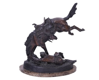 After Frederic Remington "Wicked Pony" Bronze - Large patinated bronze sculptured recast of a cowboy