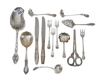 14 Assorted Sterling Silver Pcs, One Repro Strawberry Serving Spoon, 11ozt. (not incl. knives &