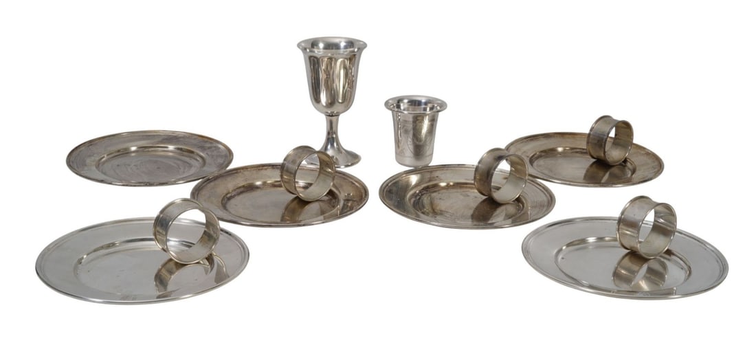 6 Sterling Silver Dessert Plates, Monogram (6"dia), 5 Reed & Barton Sterling Silver Napkin Rings,: 6 Sterling Silver Dessert Plates, Monogram (6"dia), 5 Reed & Barton Sterling Silver Napkin Rings, Monogram & Date AND Cordial & Jigger, 19 ozt