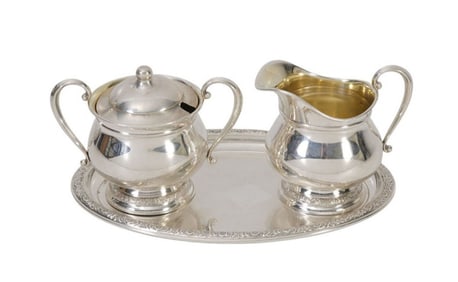 International Sterling Silver 3pc. Creamer, Sugar and Tray, 12ozt, 8 3/4"L Tray