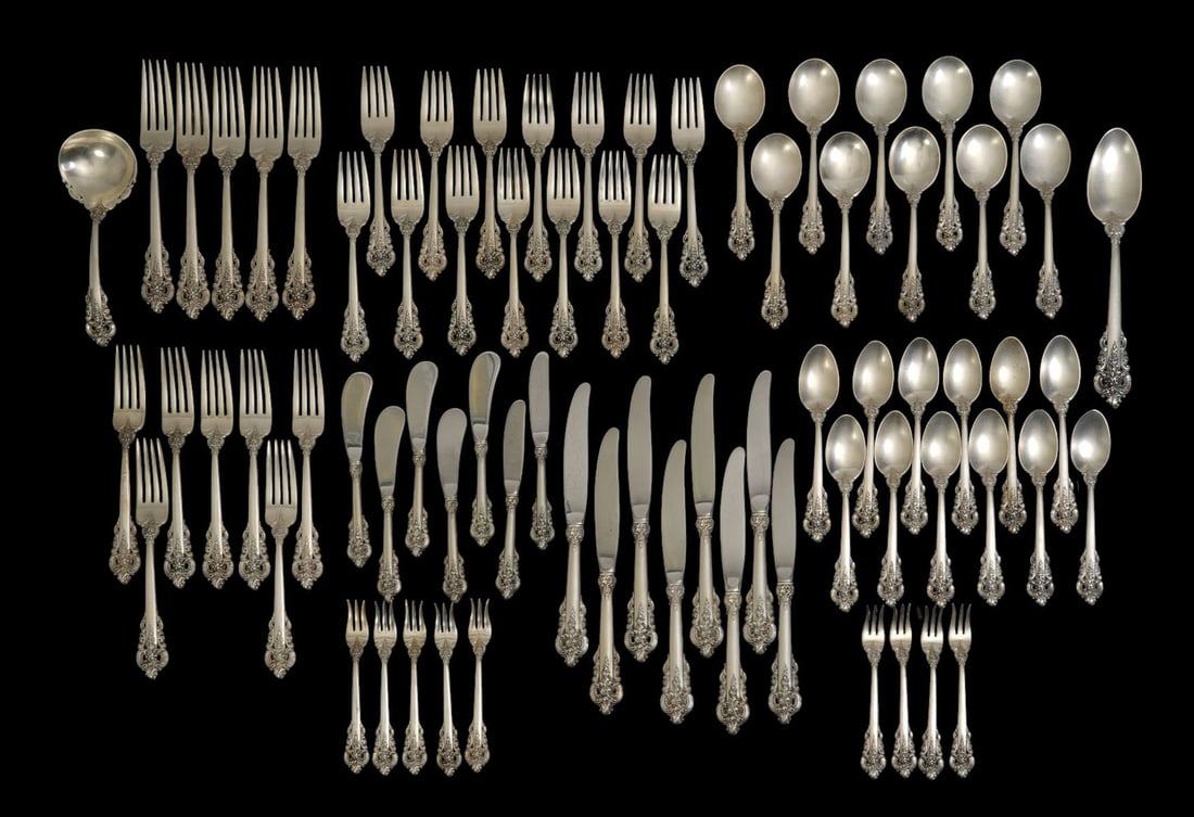 Wallace Sterling Silver Flatware Set, incl; Grand Baroque Pattern, 8 Dinner Knives (9"L), 5 Dinner (1 of 5)