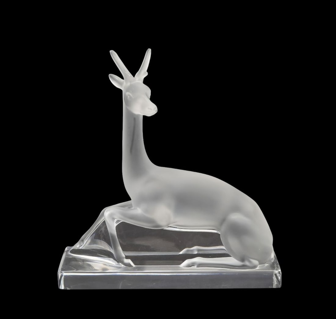 Lalique 'Cerf' Crystal Stag Sculpture - France, 20th century. Of frosted and polished clear glass. (1 of 6)