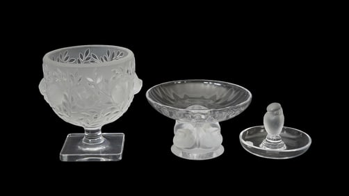 Group of 3 Lalique Crystal, "Elisabeth" Vase, "Nogent" Bowl, Ring Dish - France, 20th century.