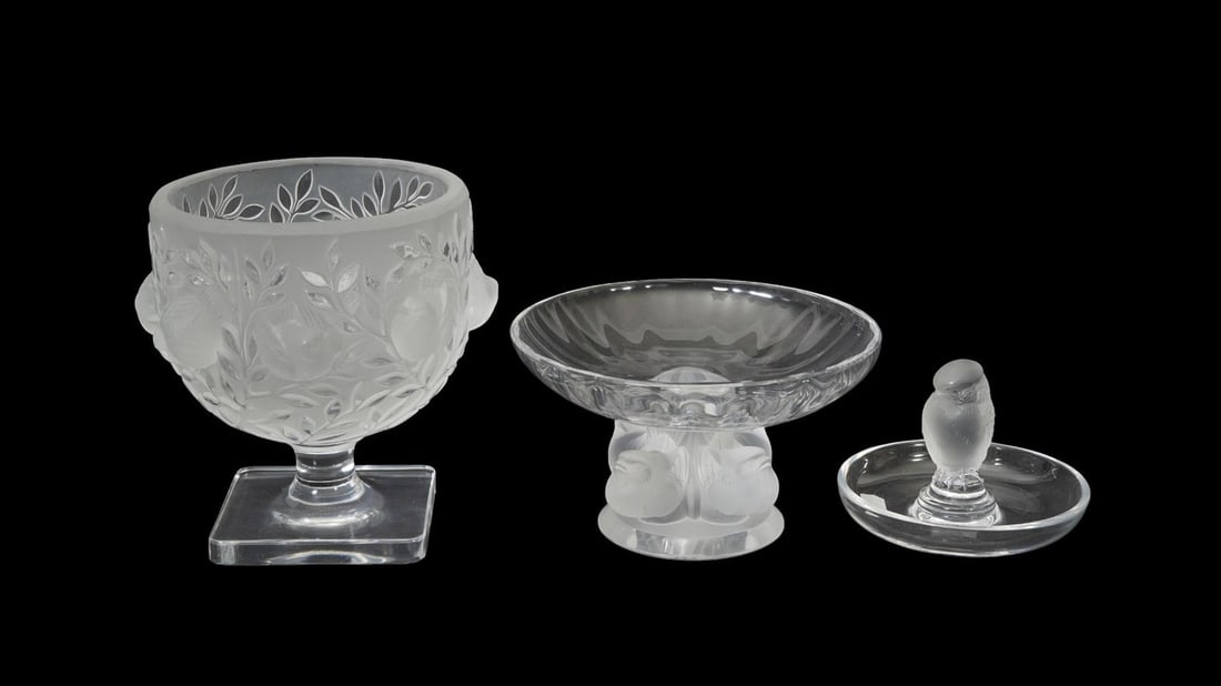 Group of 3 Lalique Crystal, "Elisabeth" Vase, "Nogent" Bowl, Ring Dish - France, 20th century. (1 of 5)
