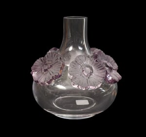 Lalique 'Atossa' Lavender Floral Crystal Vase - France, 20th century. A bulbous clear polished