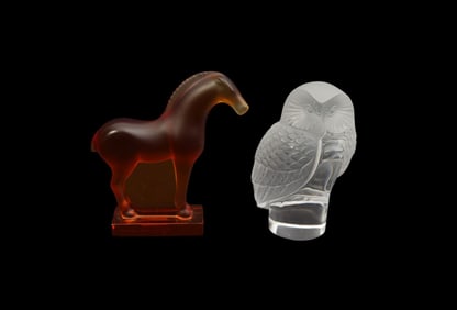 Lalique Tang Horse & Chouette Crystal Figurines - France, 20th century. Signed. Amber Tang Horse 3
