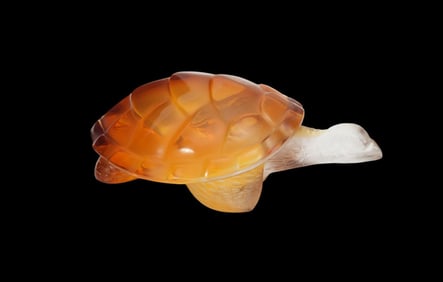 Lalique 'Caroline' Amber Crystal Turtle Figurine - France, 20th century. Amber and clear crystal