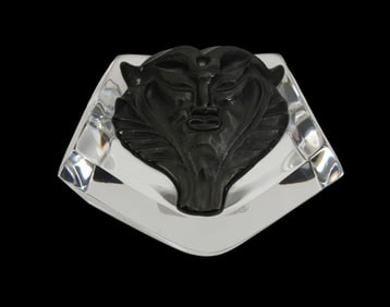 Lalique Satyr Mask Crystal Paperweight - France, 20th century. Black opaque crystal relief of an