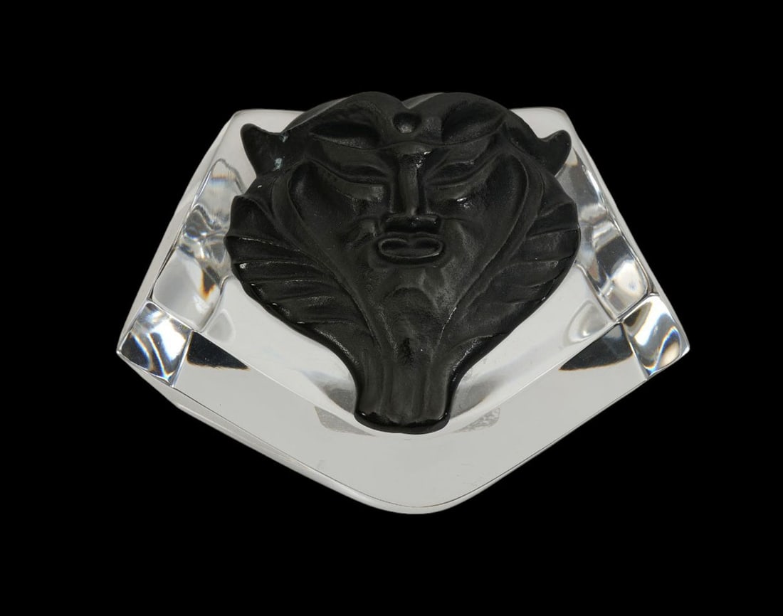 Lalique Satyr Mask Crystal Paperweight - France, 20th century. Black opaque crystal relief of an (1 of 6)