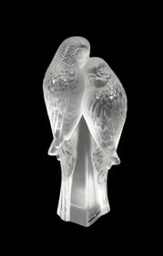 Lalique Crystal Pair of Parakeets Figurine - France, 20th century. Clear frosted and polished
