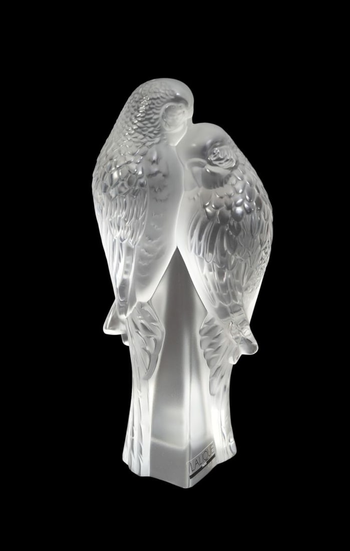 Lalique Crystal Pair of Parakeets Figurine - France, 20th century. Clear frosted and polished (1 of 6)