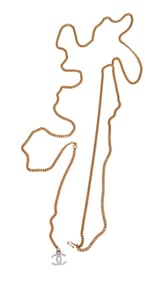 Chanel Gold Tone Belt. gold-tone metal chain belt featuring a silver-tone 'CC' charm, length