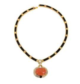 18K Yellow Gold Necklace with Coral Diamond Pendant. Wt. 56.7 grams, Necklace 16" Pendant 1.5" Coral