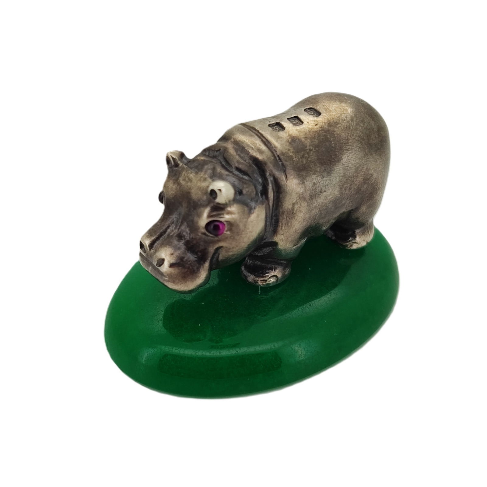 Vintage Imperial Era Silver Hippopotamus On Hardstone (Jade) . Total weight: 59.3 grams. Dimensions:: Vintage Imperial Era Silver Hippopotamus On Hardstone (Jade) . Total weight: 59.3 grams. Dimensions: Jade L 40 mm. W 30 mm. H 6.8 mm. Silver Hippo: L 33 mm. W 15 mm. H 19 mm. Russian Hallmarks: 88 IP