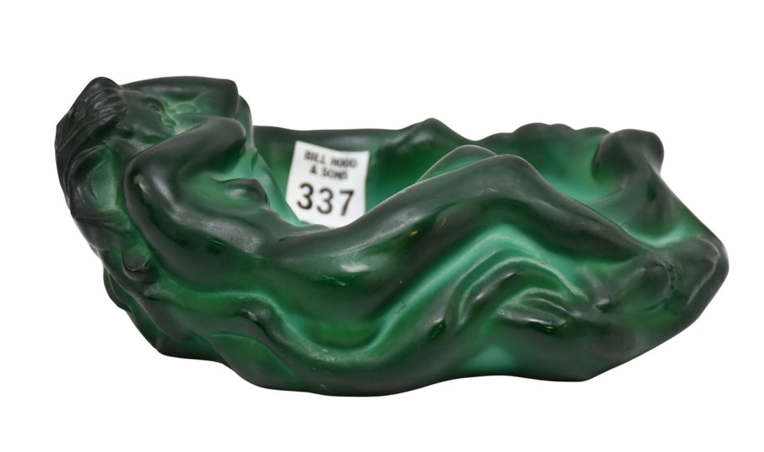 Czech Art Deco malachite glass ashtray or dish, featuring a nude female figure design. 7 1/2 x3: Czech Art Deco malachite glass ashtray or dish, featuring a nude female figure design. 7 1/2 x3”