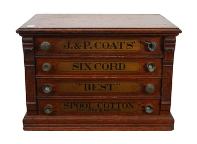 American J & P Coats Spool 4 Drawer Cabinet, Circa 1900, 15 1/2"h x 23"w x 16 1/2"d